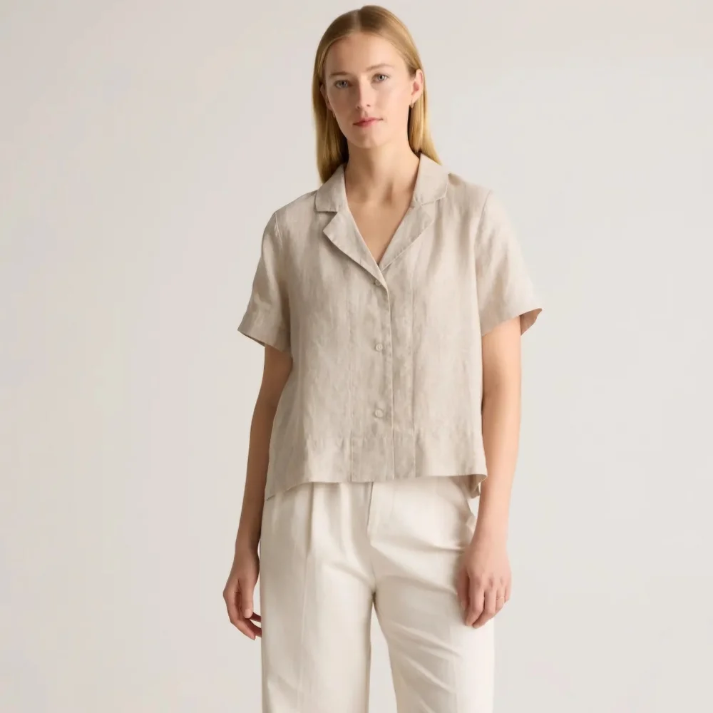 Breezy 100% European Linen Relaxed Fit Shirt by TAHARI Natural Beige Worn Once - Picture 1 of 7